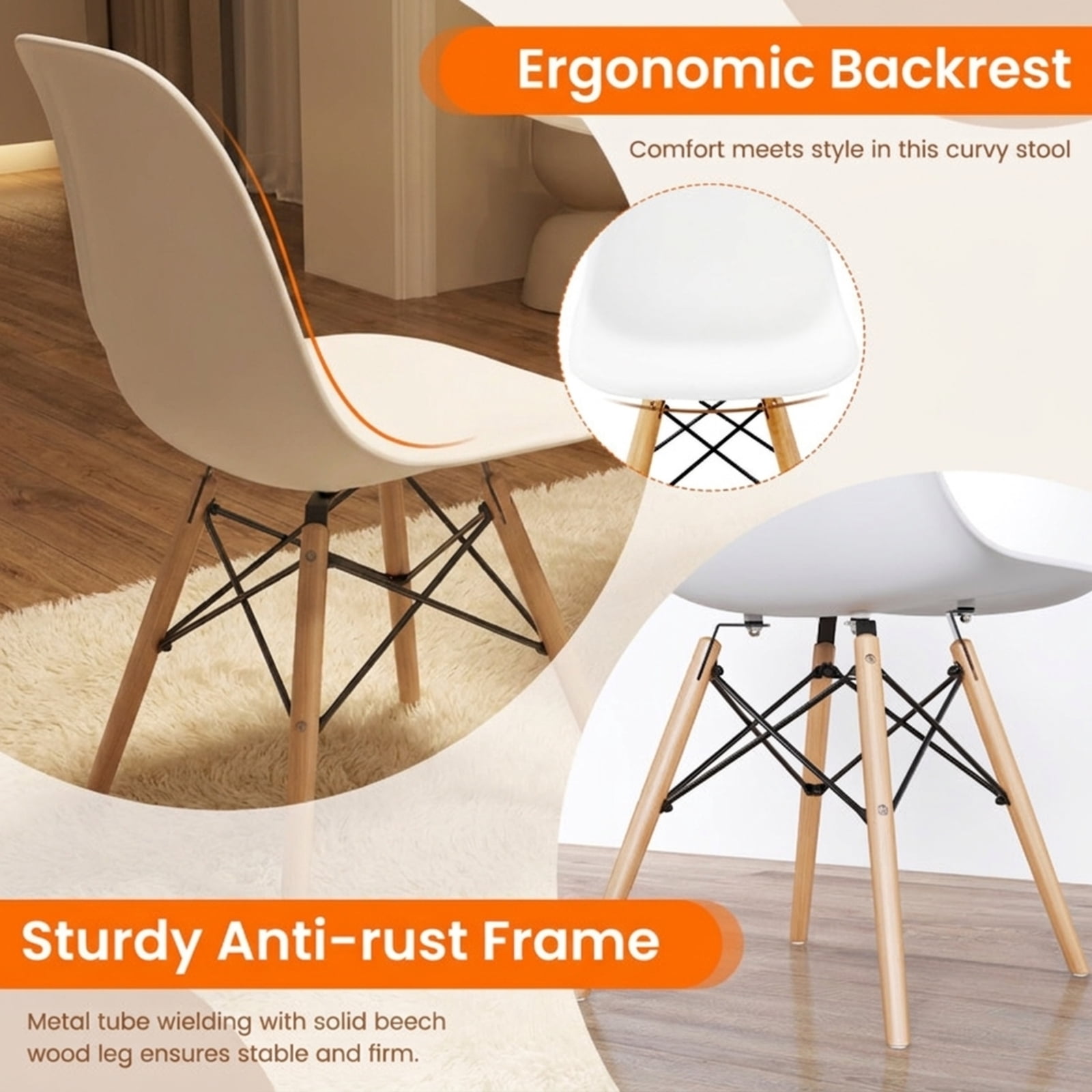 Furnibear Modern Armless Dining Chairs Set of 4 with Molded PP Seat and Solid Beech Wood Legs for Dining Room and Kitchen, White