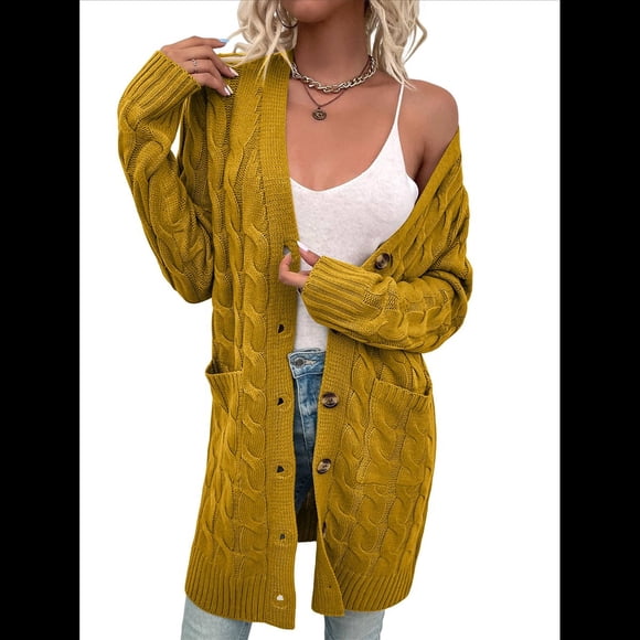 Suéter Cárdigan de Larga para Mujer, Otoño e Invierno, Tejido de Punto , con Botones Delanteros, Abrigo Amarillo XL