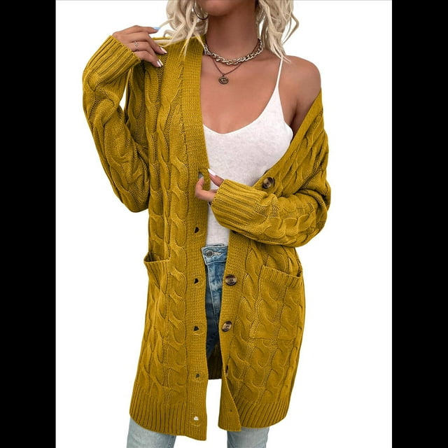 Suéter Cárdigan de Larga para Mujer, Otoño e Invierno, Tejido de Punto , con Botones Delanteros, Abrigo Amarillo S