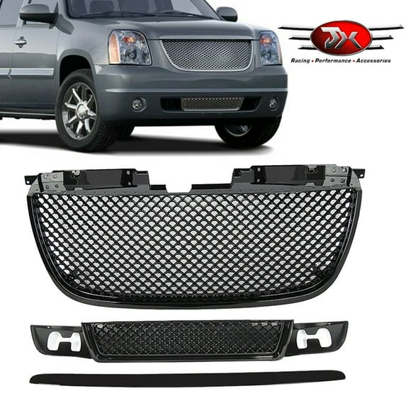JX RACING Front Upper Lower Grille Hood Molding Trim Compatible with 2007-2014 GMC Yukon XL Mesh Style Gloss Black Set 3PCS Denali 1500 2500