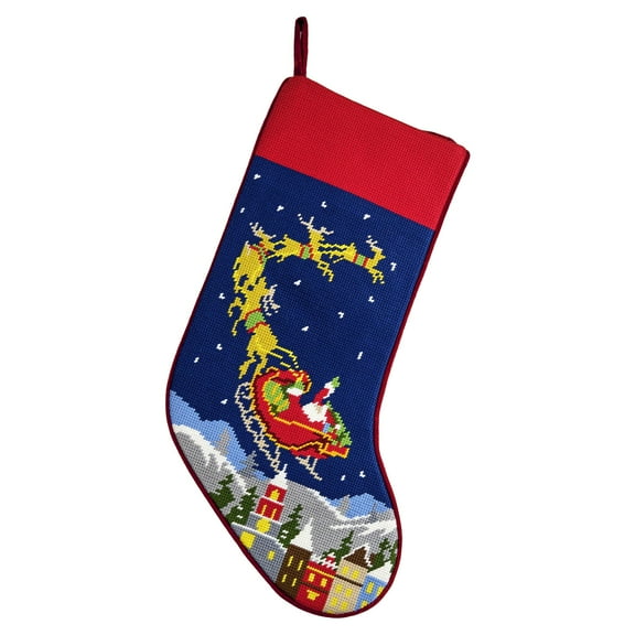 Peking Handicraft Santa Sleigh Reindeer Embroidered Christmas Stocking - 18" x 11"