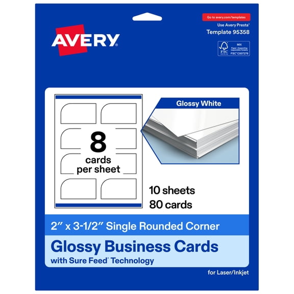 Avery Rectangle Business Cards, 2" x 3-1/2", Glossy White, 80 Total
