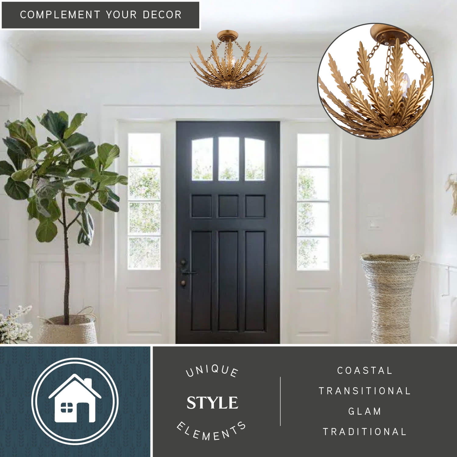 Ozette 18-in W Heritage Gold Semi Flush Mount Ceiling Light Fxiture with Leaf Motif