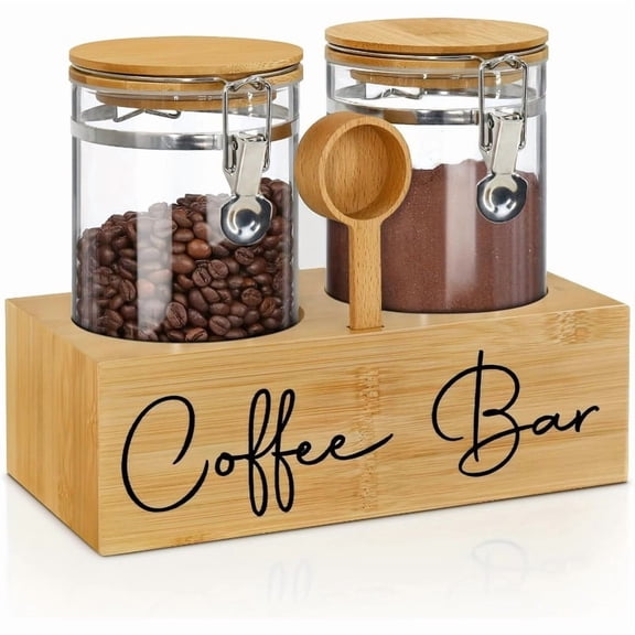 1set Glass Coffee Canisters with Wood Shelf - Airtight Coffee Bean Storage Jars, Locking Lid & Spoons - Coffee Tea Sugar Canister Set for Ground Coffee, Tea, Nuts, Kitchen Storage