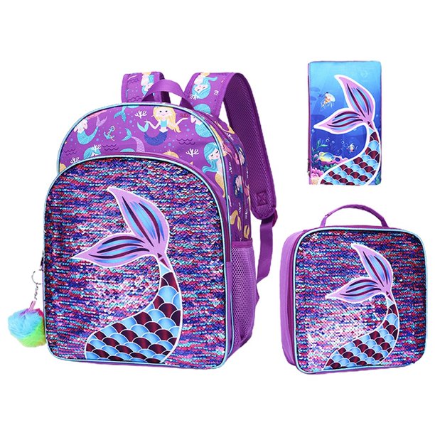 Mochila De Sirena De Pavo Real 3 Piezas Para Niñas Lentejuelas Prechool Elementary Estuche Para Lápices Y Bolsa De Almuerzo