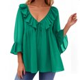 thumbnail image 4 of TKLPEHG Women's Blouses Crew Neck Tie Ruffled Pleated Work Shirt Loose Solid Color Fall Tops Comfy Long Sleeve T Shirt Fashion Casual Lightweight Pullover (Green,S), 4 of 5