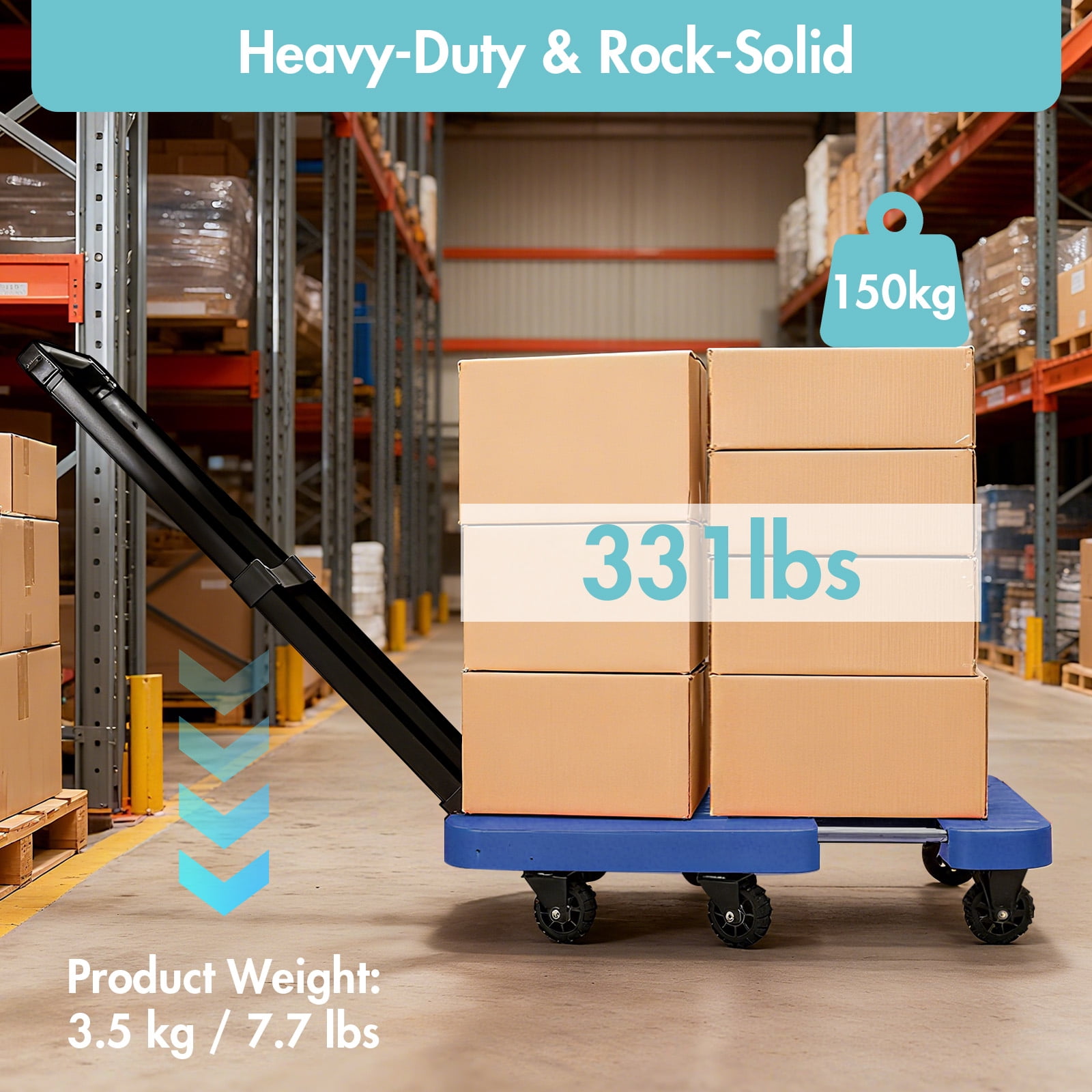 BAOKALER Folding Hand Truck, Heavy Duty Dolly Cart, Push Dolly Cart Foldable Platform with 6 Wheels, Blue
