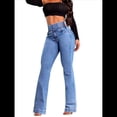 thumbnail image 1 of Pantalones Vaqueros de Cintura Alta para Mujer, Elásticos, de Corte Acampanado y con Cinturilla Elástica. Azul M, 1 of 8