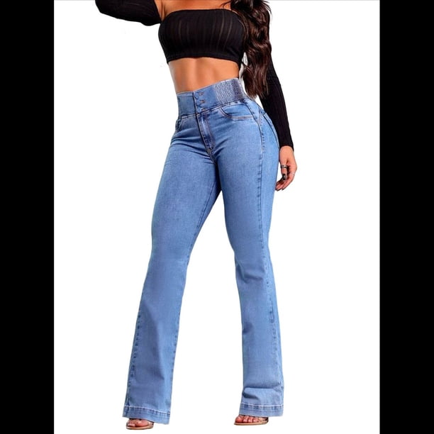 Pantalones Vaqueros de Cintura Alta para Mujer, Elásticos, de Corte Acampanado y con Cinturilla Elástica. Azul L