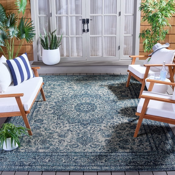 SAFAVIEH Courtyard Aditya Medallion Indoor/Outdoor Area Rug, Navy/Grey, 8' x 11'