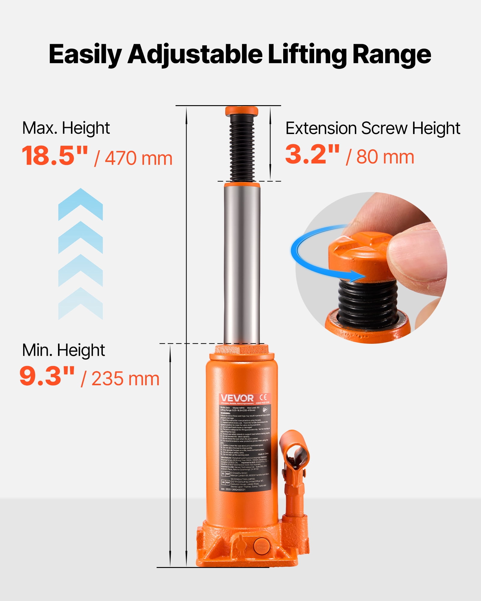VEVOR Hydraulic Bottle Jack, 10 Ton (22046 lbs) Capacity, 9.3-18.5 Inch Lifting Range, Heavy Duty Welded Bottle Jack