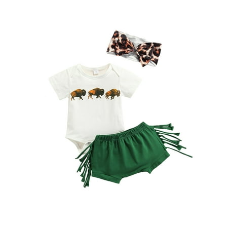 

Bebiullo Baby Summer Tracksuits Romper Solid Color Tassel Shorts Leopard Headband