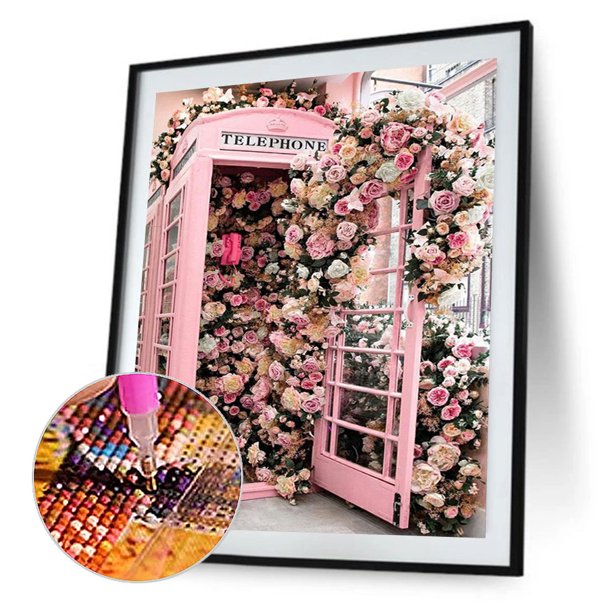 Kits de pintura de diamantes 5D DIY Taladro redondo completo Cuadro de mosaico de cabina telefónica de Rose Likrtyny Oficina Multiescena Multifunción