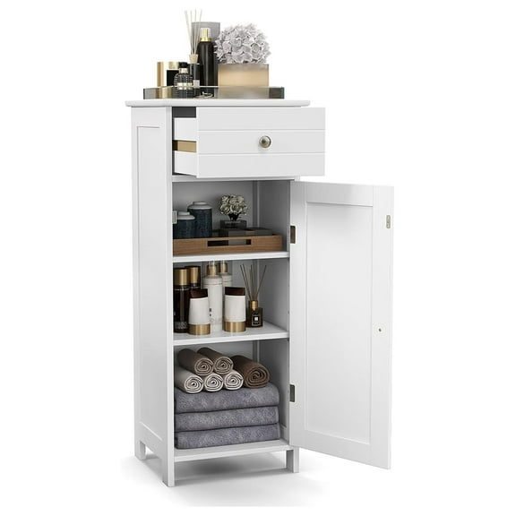 Small Bathroom Storage Cabinet, Narrow Storage Organizer with Drawer & Single Door, Adjustable Shelves, Anti-Tipping Device, Slim Cabinet for Small Space, Bathroom & Living Room, White