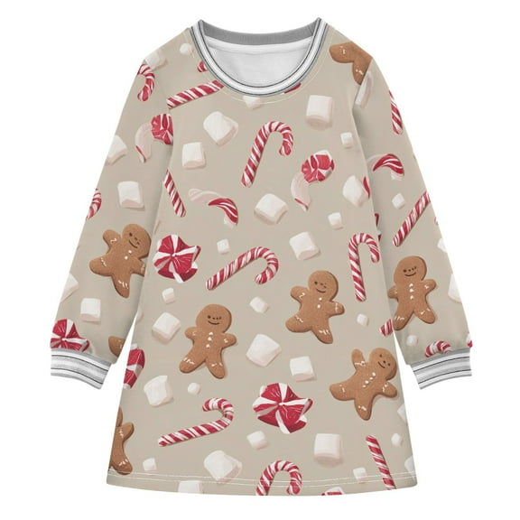 Girls' long-sleeved dress Gingerbread Man Lollipop Girls' A-line dress with ribbed cuffs Soft and comfortable