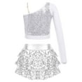 thumbnail image 2 of TiaoBug Kids Girls Ballet Dance Skirts Outfits Shiny One Shoulder Long Sleeve Crop Top with Skirts Jazz Performance Silver 12, 2 of 7