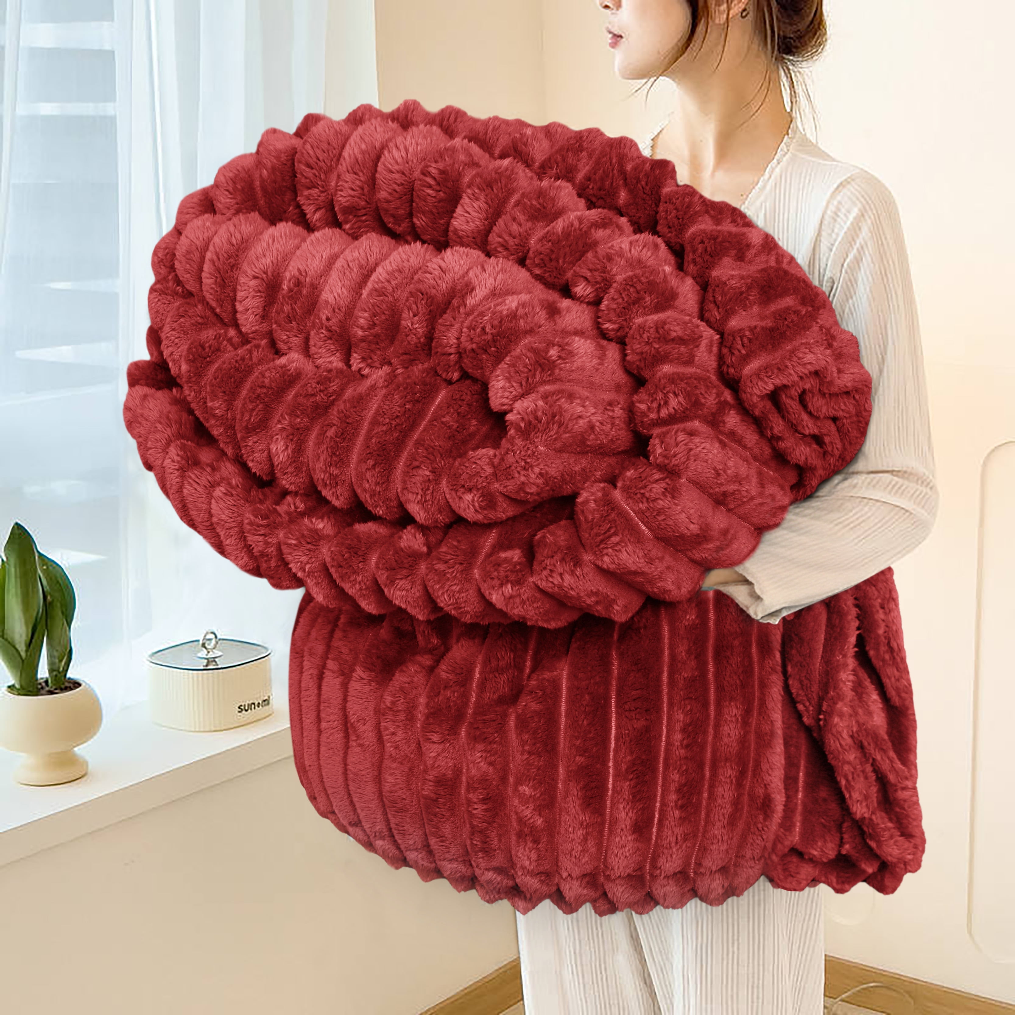 Fleece Blanket Queen Size 90" x 100" - 400GSM Oversized Soft Throw Blanket, Lightweight with Stripes Design Winter Blanket for Bed Sofa Couch