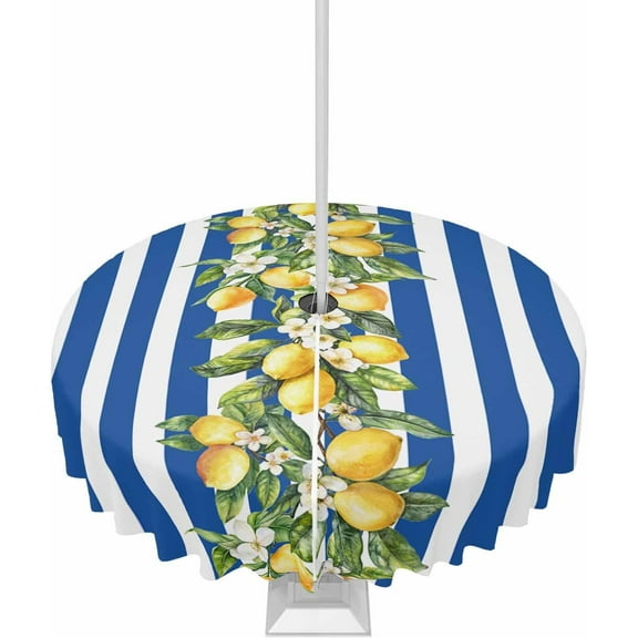 Outdoor Tablecloth with Umbrella Hole and Zipper 60R Summer Lemon Flowers Leaves Blue White Stripes Table Cover for Round Tables Waterproof Tabletop Collection for Patio Garden Picnic Camping