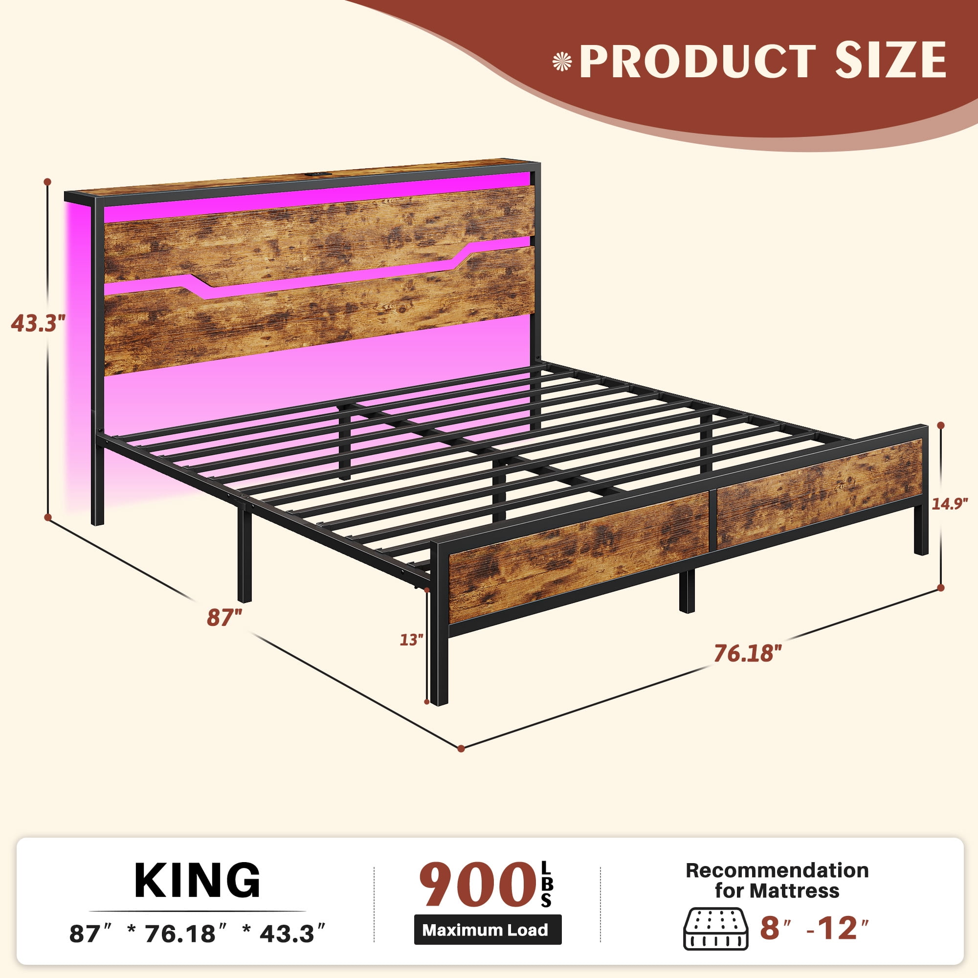 EnHomee King Bed Frame with Wooden Headboard Metal Platform Bed Frame with Storage Platform Metal Bed with Charge Station & LED Lights & 13" Under-Bed Storage, Rustic Brown