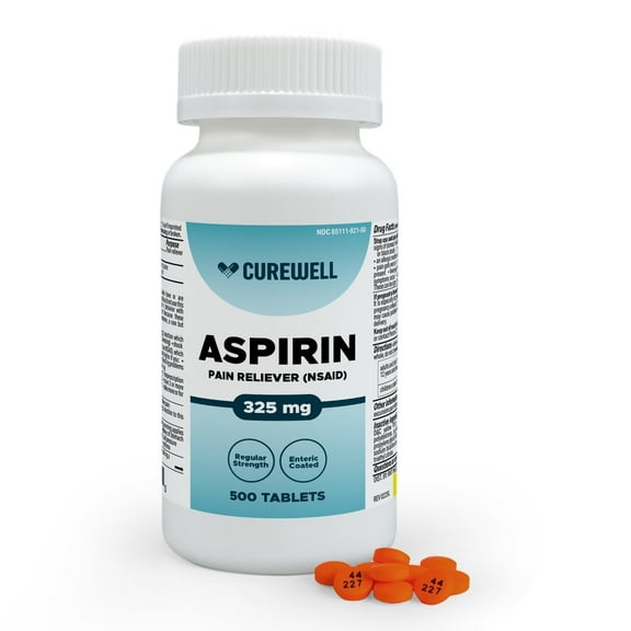 CUREWELL Enteric Coated Aspirin Tablets 325mg (500 Count) NSAID Pain Reliever & Fever Reducer Coated Aspirin for Adults - Regular Strength for Headache Arthritis Menstrual & Muscle Pain