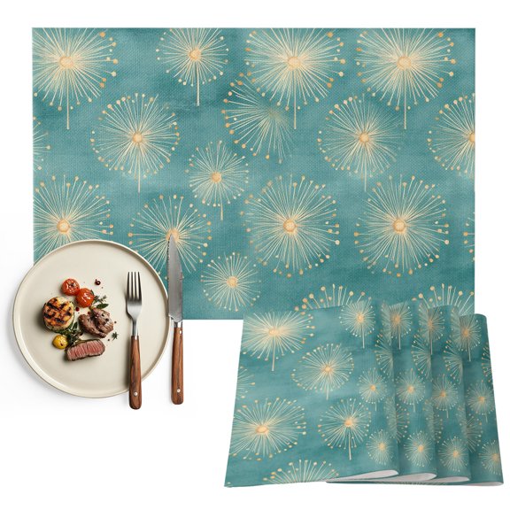 Teal Green Dandelion Placemats Set of 6, Pastoral Botanical Blossom Washable Wipeable Table Mats for Dining Tables, Indoor Outdoor Kitchen Place Mats for Holiday Party Table Decor
