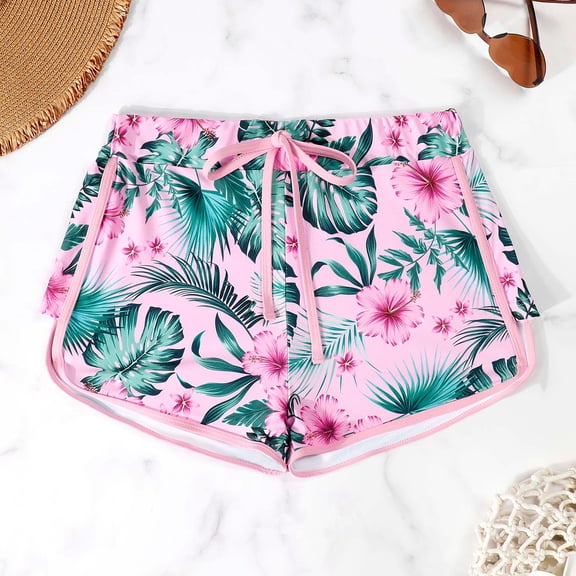 Conairie Swim Shorts Women High Cut Tummy Control Swimsuit Lightweight Floral Print Ruched Scrunch Swimsuit Bottom Pink L