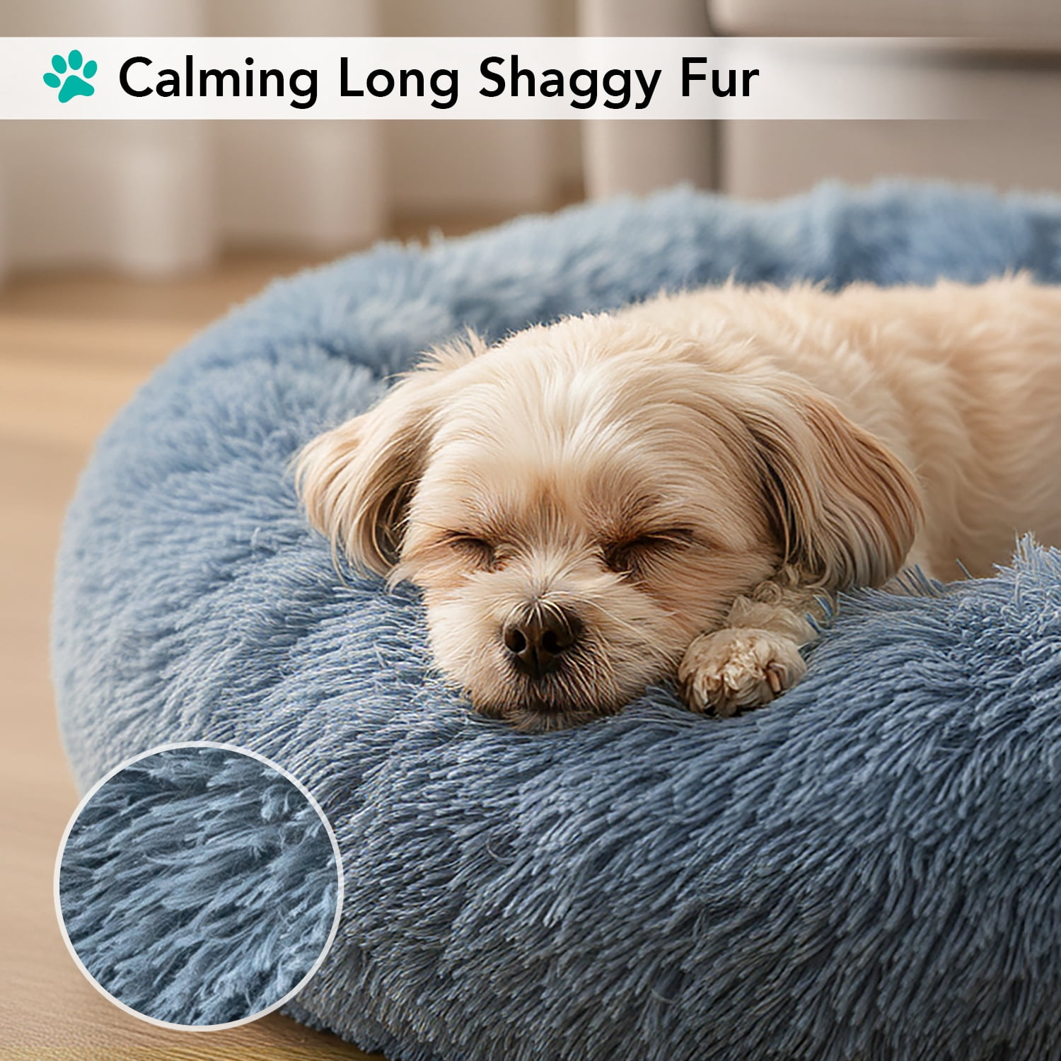 PetAmi Calming Dog Bed for Small & Medium Dogs and Cats, 23 Round Donut Dog Bed, Washable Fluffy Faux Fur Puppy & Cat Bed, Anti-Anxiety Plush Cuddler Pet Bed with Anti-Slip Bottom - Blue