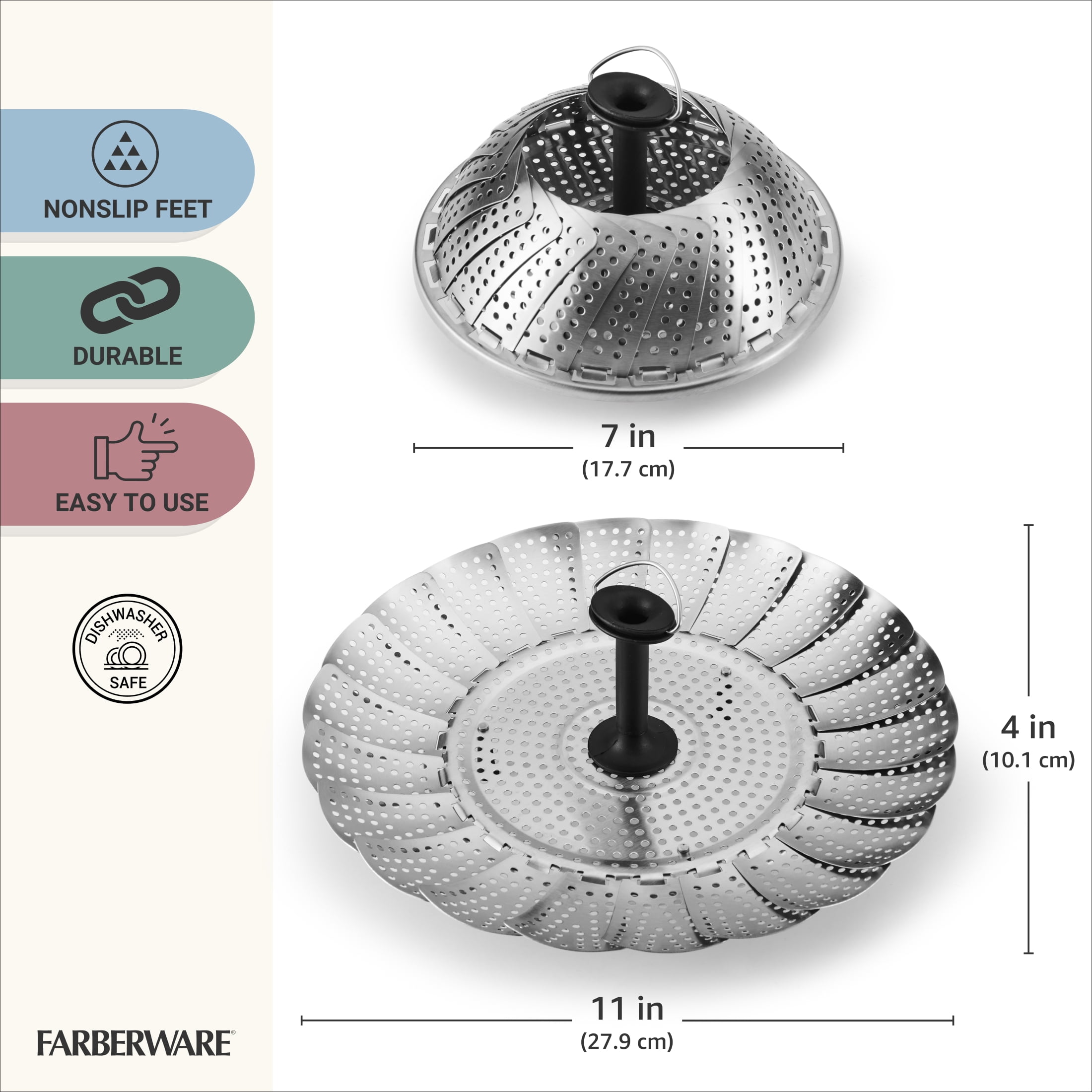 Farberware Professional 11-inch Stainless Steel Expandable Food Steamer with Soft Feet