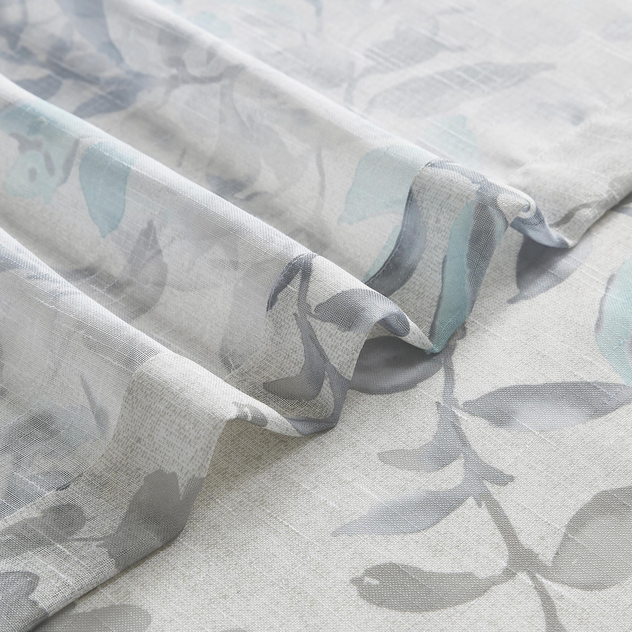 AZZCIA Sheer Curtains 52"x63", Aqua Grey Botanical Leaf Print Linen Texture Grommet Drapes for Living Room