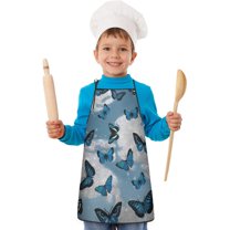 Lightblue Butterfly Sparkle Pattern Kids Aprons for Girls and Boys,Adjustable Neck Strap Toddler Aprons for Kids Cooking Baking
