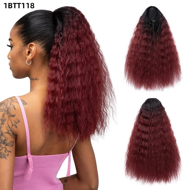 Zhuge Cola de caballo sintética de 16 pulgadas de largo con ondas rizadas y cordón, extensiones de cabello ondulado negro con peine, de color negro a rojo vino