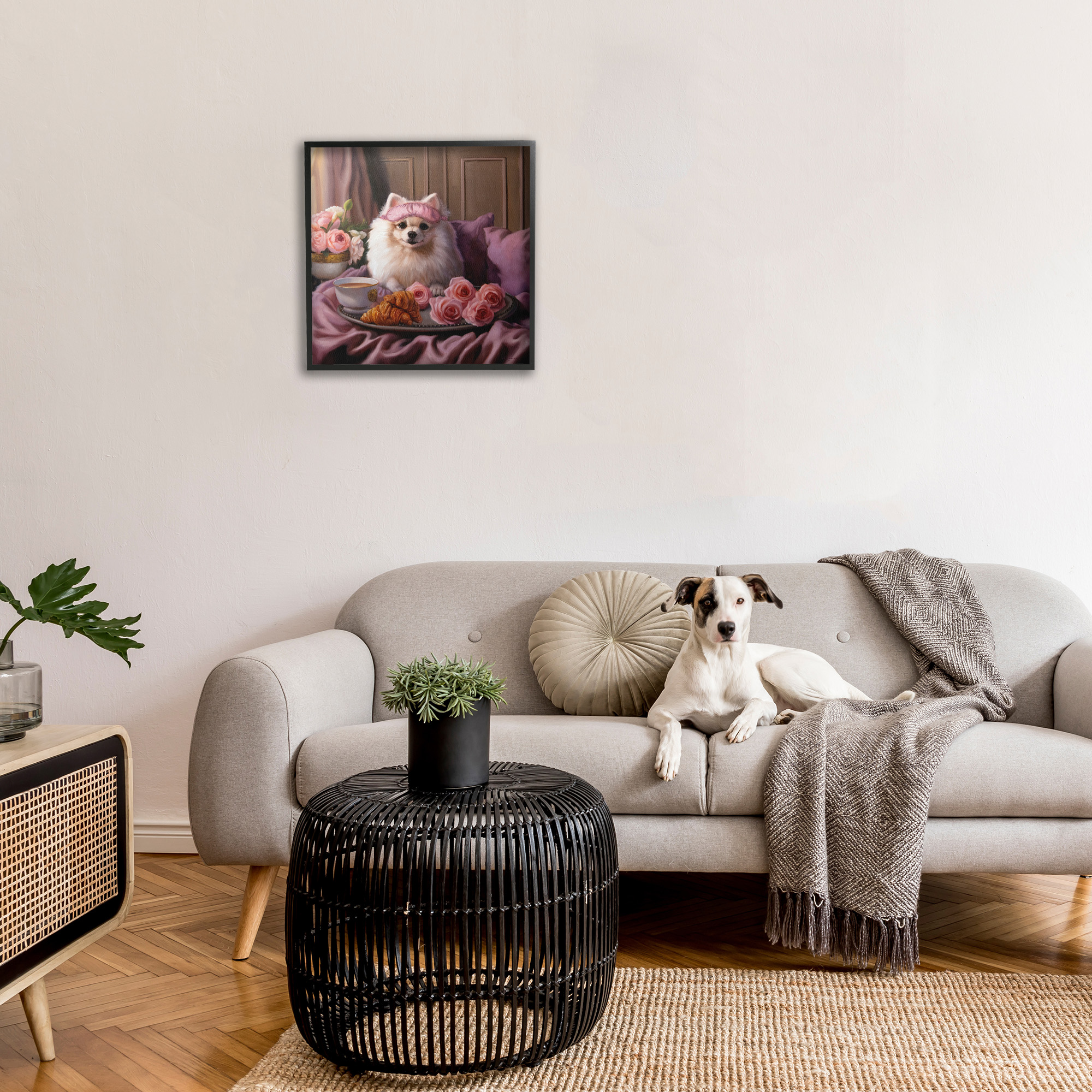 Stupell Industries Breakfast in Bed Dog Animals & Insects Painting Black Framed Art Print Wall Art, 24 x 24