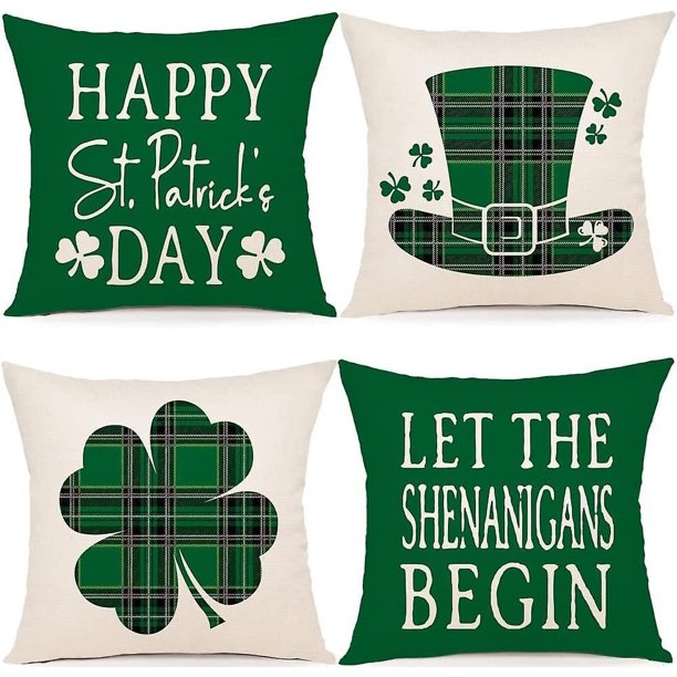 Fundas de almohada decorativas para el día de San Patricio, 18 x 18, juego de 4 cuadros de tartán escocés, sombrero del día de San Patricio, cojín cuadrado decorativo clásico d
