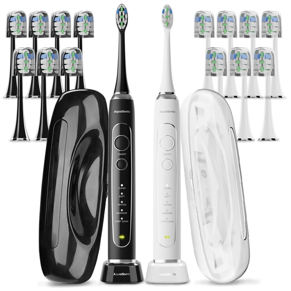 AquaSonic Elite Duo Rechargeable  Electric Toothbrush Set – ADA Accepted, 5 Modes, 2 Travel Cases, 16 Brush Heads (Black/White)