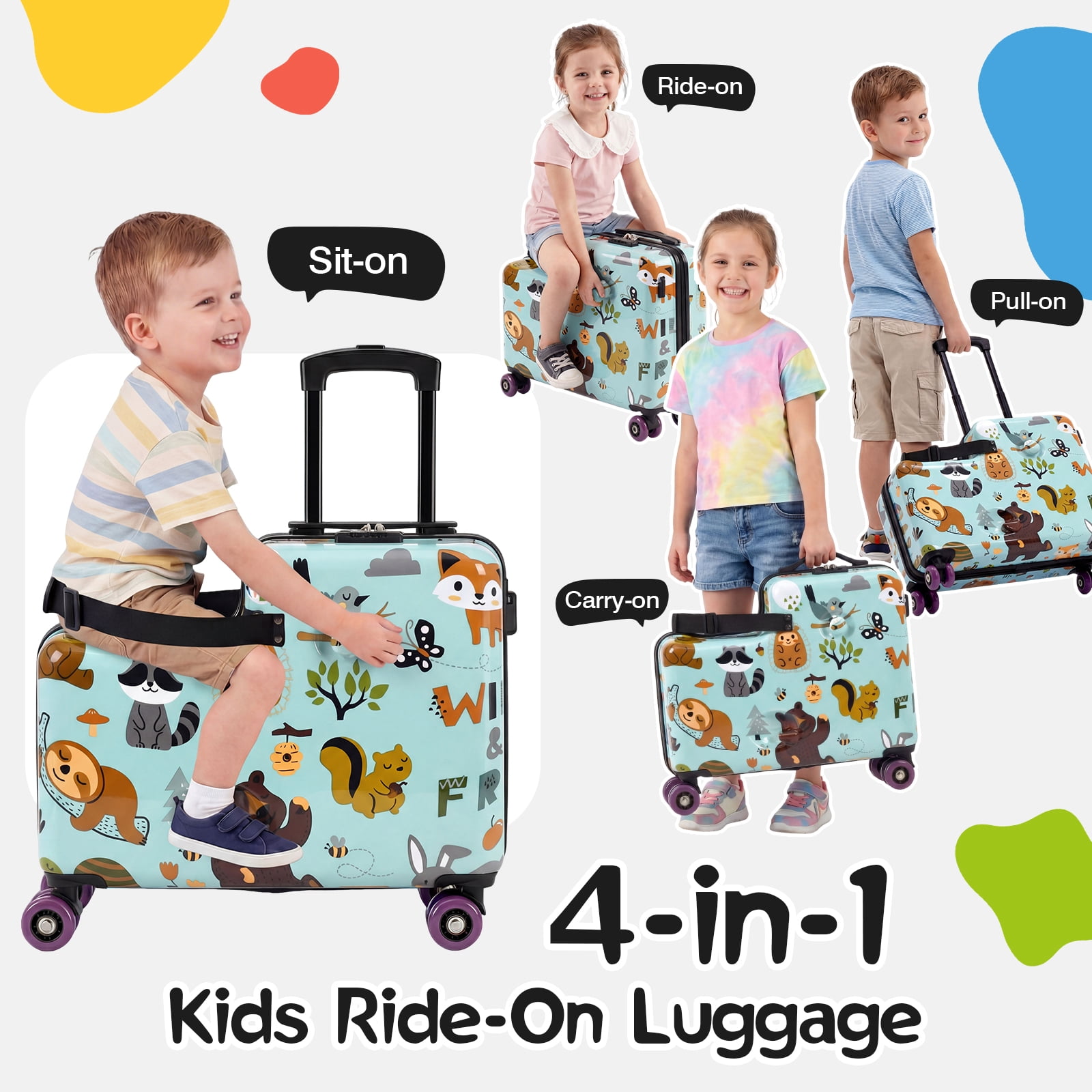 Advwin Kids Ride-On Luggage with Safety Belt, TSA Lock & Footrest, Hardside Spinner Travel Suitcase for Children, Green Wildlife Theme