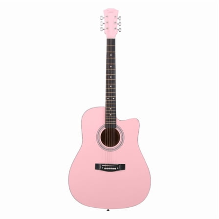 Pink 41-inch Dreadnought barrel-shaped cutaway acoustic guitar with pick, strings, capo, gig bag, tuner, wrench tool, and shoulder strap