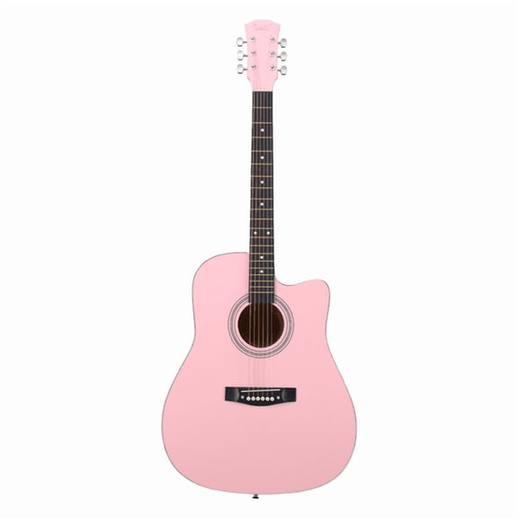 Pink 41-inch Dreadnought barrel-shaped cutaway acoustic guitar with pick, strings, capo, gig bag, tuner, wrench tool, and shoulder strap