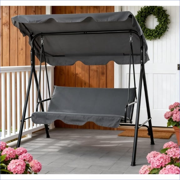 Outdoor Patio Swing | 3-Person Adjustable Canopy Cushioned Swing with Stand for Patio Garden | Slate Gray | Polyester,Steel