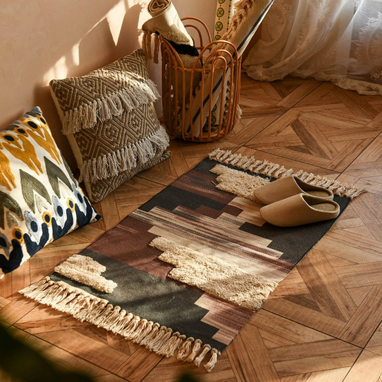 Retro Bohemian Hand Tassel Woven Cotton Linen Carpet Bedside Rug