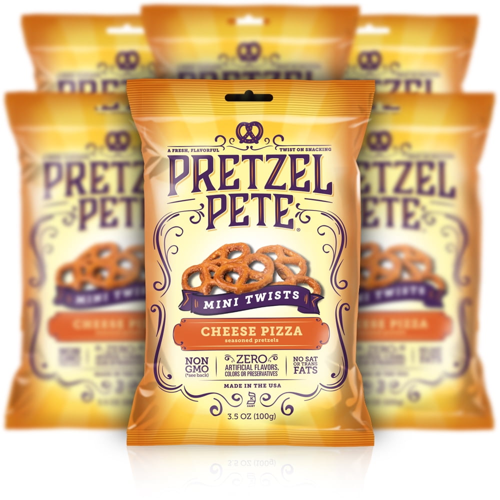 Pretzel Pete Mini Twist Pretzels, Cheesy Pizza, 3.5 Oz, Pack of 6