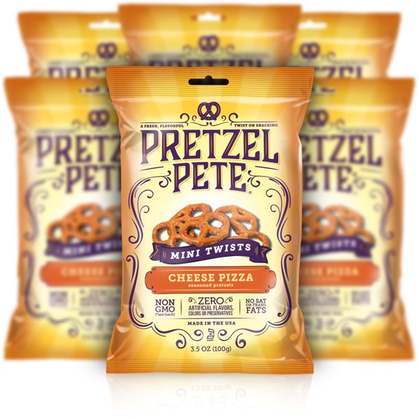 Pretzel Pete Mini Twist Pretzels, Cheesy Pizza, 3.5 Oz, Pack of 6