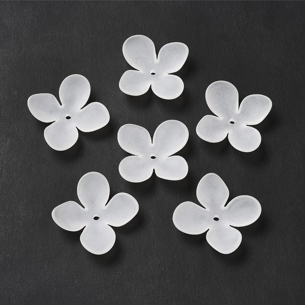 500gs Transparent Acrylic Bead Caps 4-Petal Frosted Flower White 26x26.5x5mm Hole: 1.8mm about 769pcs/500g
