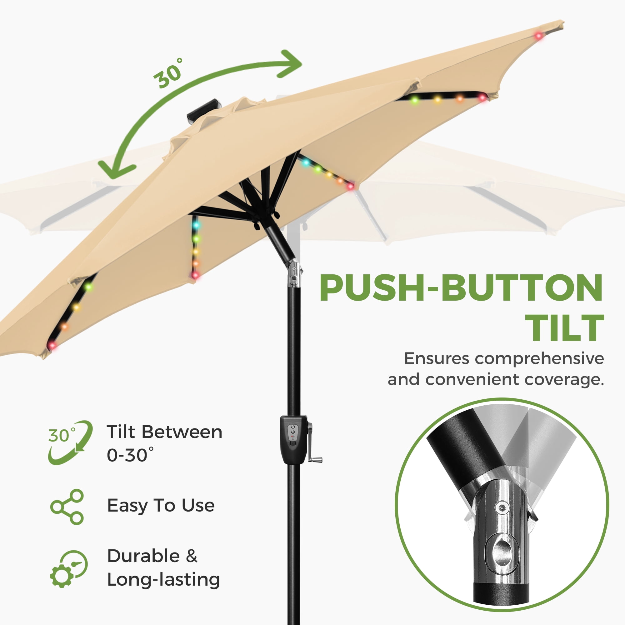 Scafild | 7.5ft Outdoor Patio Umbrella with Solar Lights, Outdoor Market Umbrella with Colorful LED Lights and Tilt and Crank - Beige