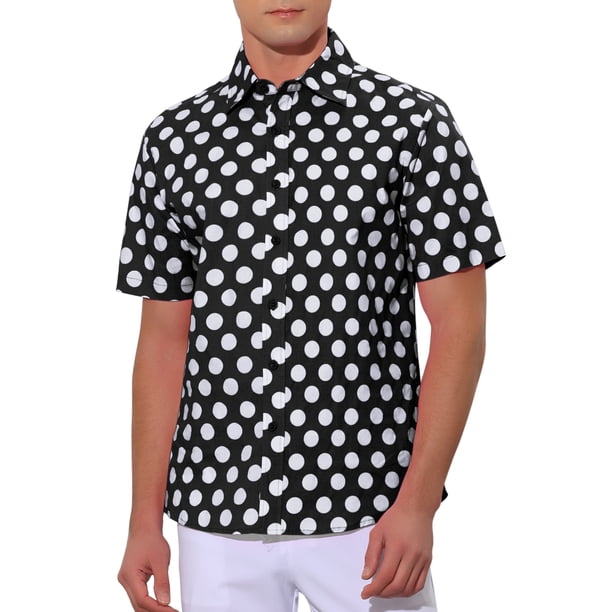 Camisa de vestir de manga corta con cuello de punto para hombre, estampado de lunares INSPIRE CHIC, color negro