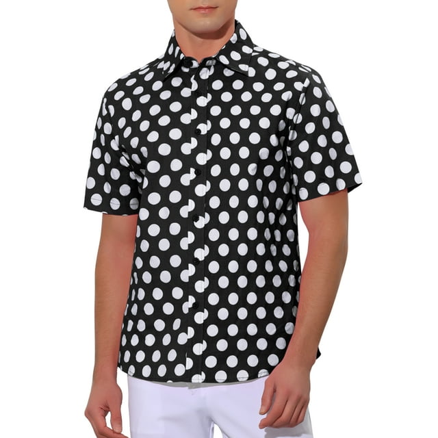 Camisa de hombre de cuello puntiagudo con estampado de lunares INSPIRE CHIC, de manga corta, talla XL, color negro