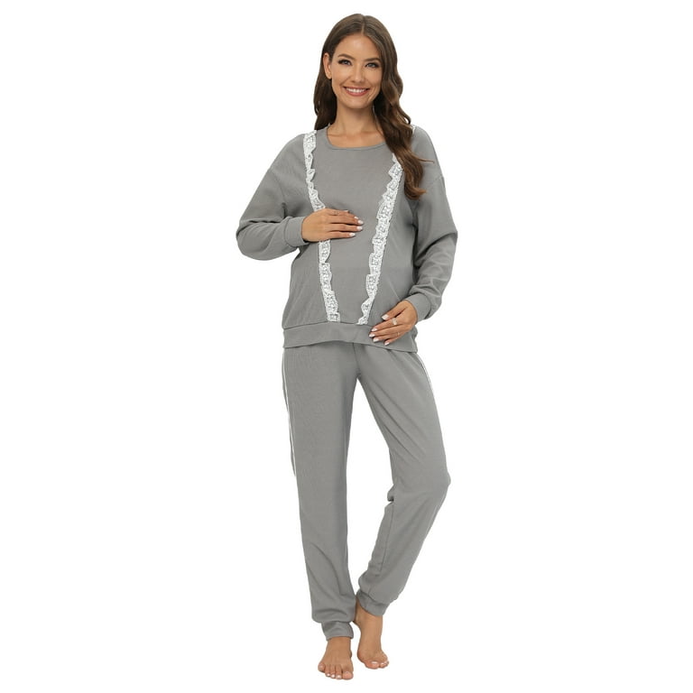 Materntiy & Nursing Pajamas Set Long Sleeve Breastfeeding Pajamas with  Jogger Pants Pregnancy PJ Set Sleepwear