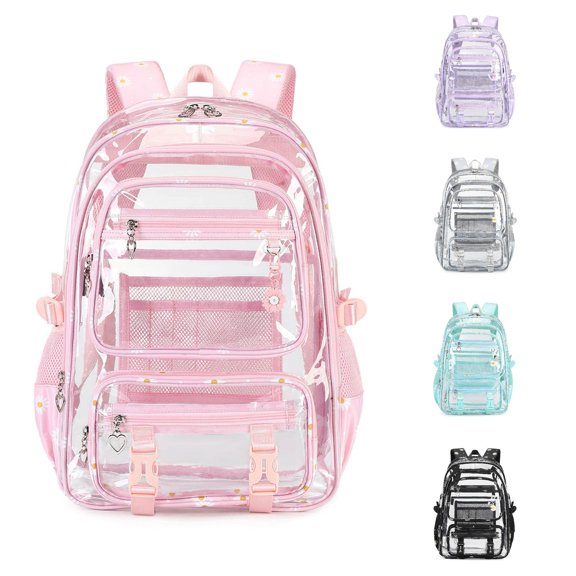 UJNDER Teen Girls Large Capacity Transparent Water-resistant Backpack Lightweight Double Shoulder Design for School Daily Use,Pink,Large