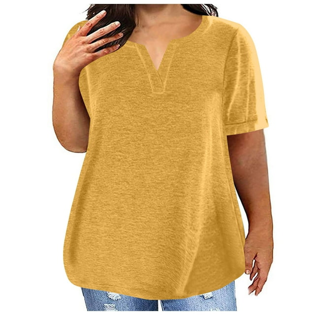 Timegard Plus Size Tops for Women V-Neck Short Sleeve Solid Color Comfy Basic Tee Casual Loose Tops