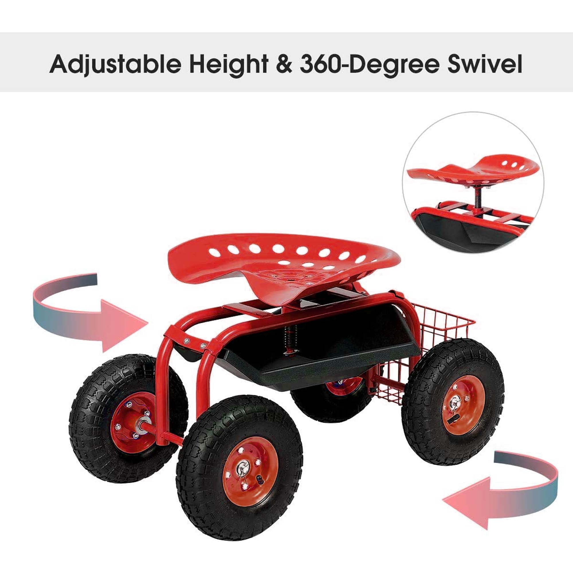 Aukfa Rolling Garden Cart Scooter with Swivel Seat, Wheels, and Tool Tray - Red
