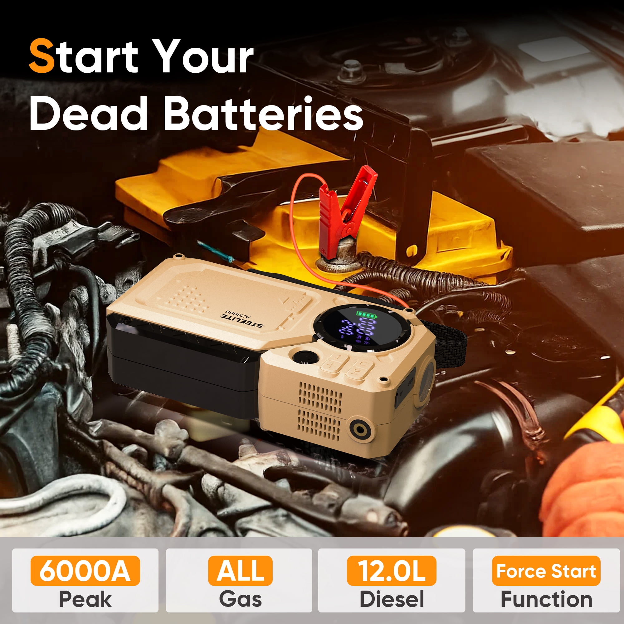 Steelite 6000A Car Battery Jump Starter with Air Compressor 150 PSI,  Powerful Car Jump Starter (All Gas/12L Diesel), 12V Jump Box with USB Quick Charge,7-in-1 Jump Starter Power Bank